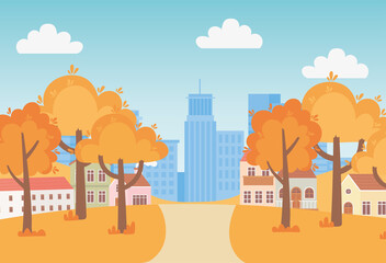 Obraz premium landscape in autumn nature scene, suburban houses trees pathway and cityscape urban background