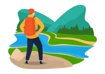 Green tourism, nature travel, colorful environment, summer landscape, design cartoon style vector illustration, isolated on white. hiking, man with backpack traveling outdoor, river coniferous forest.