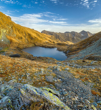 View of Capra Lake with Fagaras Mountains in background