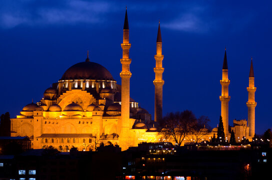 Scenic view of mosque in city at night