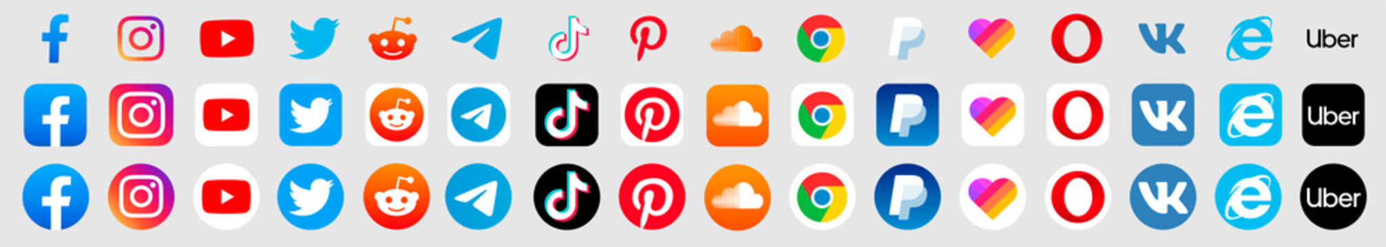 facebook, instagram, twitter, youtube, reddit, telegram, snapchat, pinterest, tiktok, soundcloud, google chrome, paypal, like, vk,  opera,explorer,uber logo. facebook, instagram, twitter, youtube