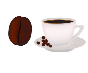 A cup of hot coffee and coffee bean. Vector illustration.