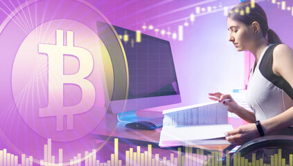 Girl in the office. A young woman working with documents. The accountant looks at the payment order. Audit of the company's activities. Work with documents.