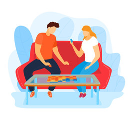 Home hobby, happy young family spending time together, hand made, design cartoon style vector illustration, isolated on white. Useful leisure, joyful woman and man play interesting game, funny people.