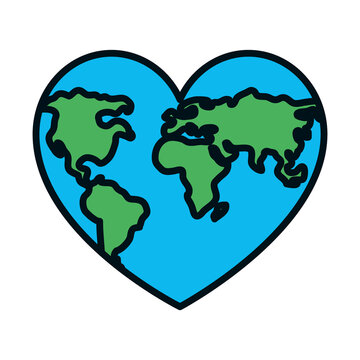 world map in heart shape icon, line and fill style