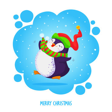 Little cute chubby jumping penguin in an elven hat and striped scarf. Merry Christmas greetings. Hand drawn vector illustration.