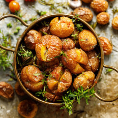 Top view on baked potatoes with aromatic herbs close up view