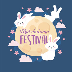 happy mid autumn festival, full moon sakura flowers and rabbits celebration