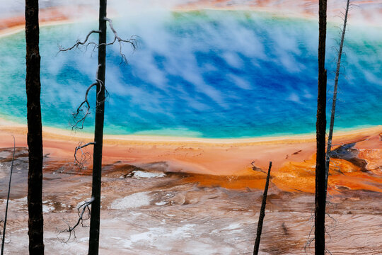 View of Grand Prismatic hot spring in Yellowstone National Park