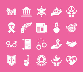 revolutions hands and Justice icon set, silhouette style