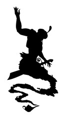 Fototapeta na wymiar Arabic genie lamp black silhouette isolated on white background. Outline of figure of hero of Eastern fairy tales. Vector illustration