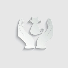 paper cat care icon. the hand  is holding a cat vector icon veterinary