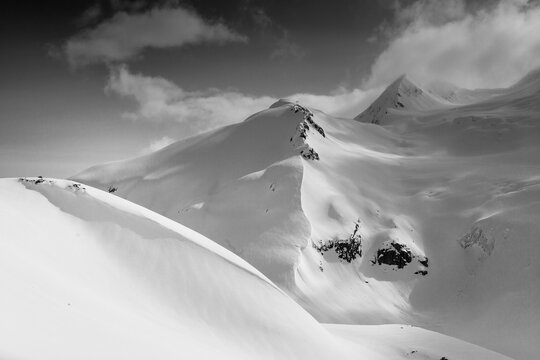 Snow covered ridges and peaks of Selkirk Mountains in Albert Canyon