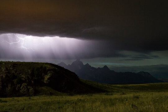 Lightning over Teton Range in Bridger Teton National Forest
