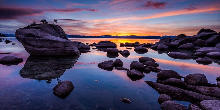 View of Bonsai Rock in Lake Tahoe during sunset
