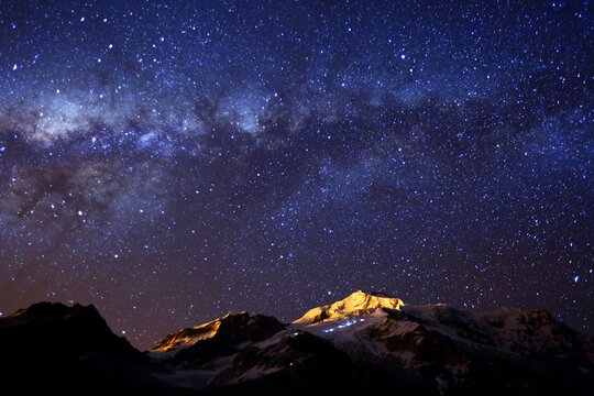 Scenic view of starry sky over Huayna Potosi and Cordillera Real mountains