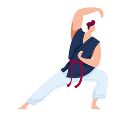 Martial art, japanese sport, aggressive wrestling, training exercise, design cartoon style vector illustration, isolated on white. Man sharp sword, blade training, mixed martial arts, active lifestyle