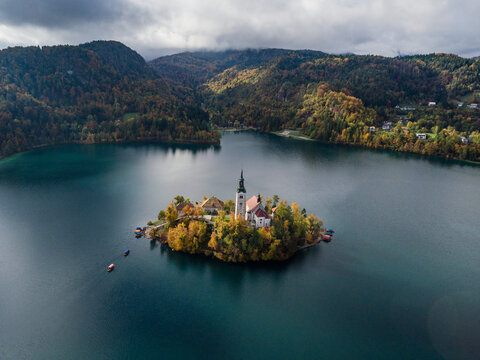 Aerial view of Pilgrimage Church of the Assumption of Maria in Lake Bled
