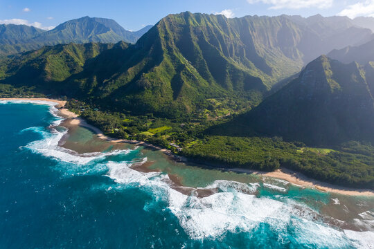 Aerial view of coastline with mountains