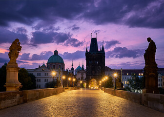 View of Charles Bridge leading to Old Town Bridge Tower at dawn