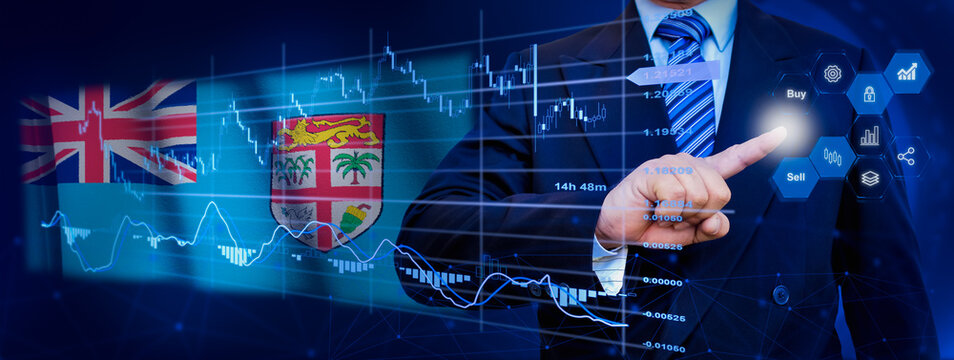 Businessman touching data analytics process system with KPI financial charts, dashboard of stock and marketing on virtual interface. With Fiji flag in background. - Powered by Adobe
