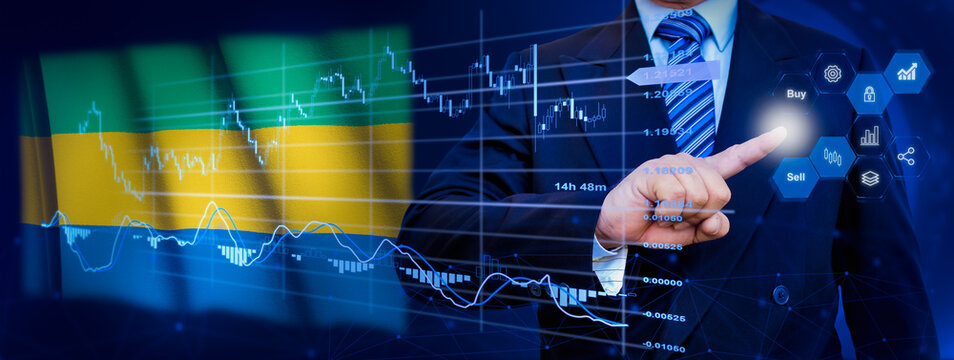 Businessman touching data analytics process system with KPI financial charts, dashboard of stock and marketing on virtual interface. With Gabon flag in background. - Powered by Adobe