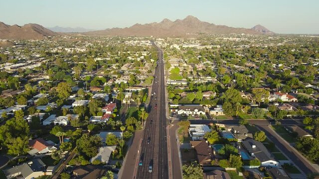 Aerial footage of Northern Road, Phoenix Az facing East towards Mountains and interstate I51
