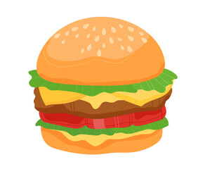 Hamburger meat, bread, cheese, tomato bundle, snack bun lunch, isolated on white, design, flat style vector illustration. Quick sandwich, fresh delicious unhealthy food, great fast food classic.