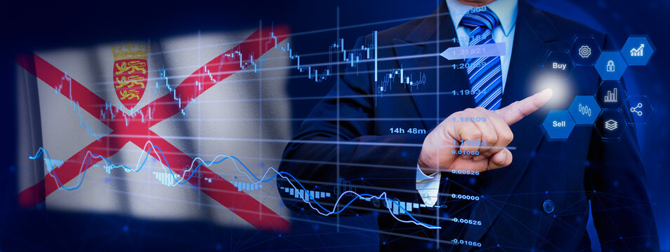 Businessman touching data analytics process system with KPI financial charts, dashboard of stock and marketing on virtual interface. With Jersey flag in background.