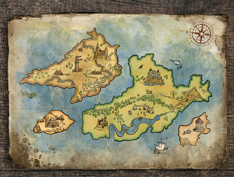 Old burned parchment with a vintage map of islands with trees, mountains, castles, forests and rivers surrounded by the ocean - handmade drawings for treasure games over a wooden background