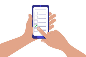 Hand holding mobile phone, forefinger touching vertical screen and marking option. Concept of online questionnaire, quiz, survey. Vector illustration in flat style