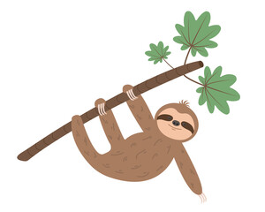 Funny sloth hanging on tree branch. Cartoon animal character. Vector illustration