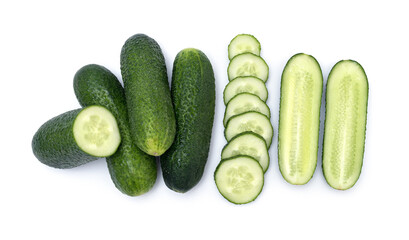 Cucmber set for vitamin salad. Group of fresh little cucumber. Mix of whole, chopped and sliced cucumbers isolated on wite background.