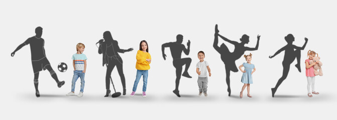 Childhood dreams. Little kids against silhouettes of soccer player, singer, runners and ballet...