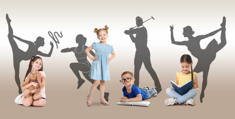 Childhood dreams. Little kids against silhouettes of rhythmic gymnast, runner, golf player and ballet dancer