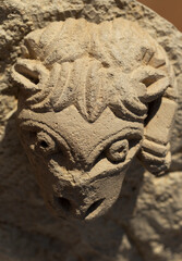 The sculpture is made of limestone. The head of aries. Decorative element of an ancient Greek building. 5th century.