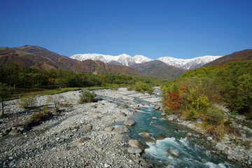 sunny autumn panorama of countryside in Japan, Hakuba valley
