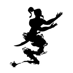 Fototapeta na wymiar Arabic genie lamp black silhouette isolated on white background. Outline of figure of hero of Eastern fairy tales. Vector illustration