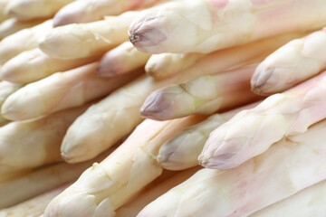 Fototapeta na wymiar Fresh ripe white asparagus as background, closeup