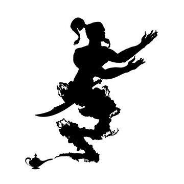 recommend clip art: Arabic genie lamp black silhouette isolated on white background. Outline of figure of hero of Eastern fairy tales. Vector illustration