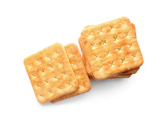 Delicious crispy crackers isolated on white, top view