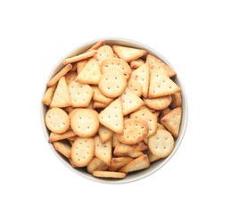 Delicious crackers in bowl isolated on white, top view