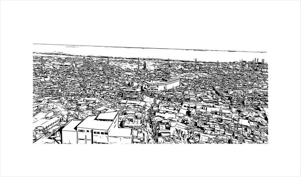 Building view with landmark of Bacoor, officially the City of Bacoor, is a 1st class city in the province of Cavite, Philippines. Hand drawn sketch illustration in vector.