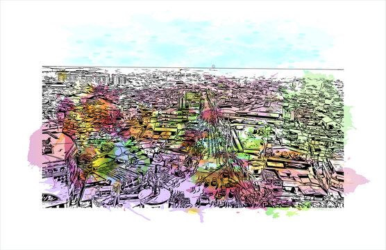 Building view with landmark of Bacoor, officially the City of Bacoor, is a 1st class city in the province of Cavite, Philippines. Watercolor splash with hand drawn sketch illustration in vector.