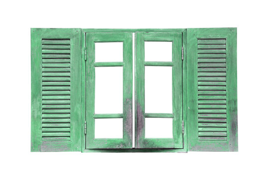 Old wooden green window vintage isolated on white. - Powered by Adobe