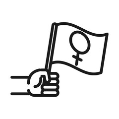 feminism movement icon, hand holding flag with gender sign, female rights pictogram line style