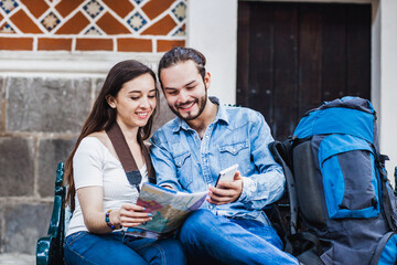 Young Latin couple tourist in colonial city in Mexico or Latin America