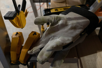Work gloves on a workbench