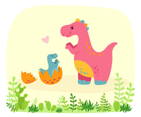 Dinosaur with baby dino, cartoon style. Funny Tyrannosaurus rex with plants and cactus. Colorful cute funny kids illustration. Vector isolated on white background