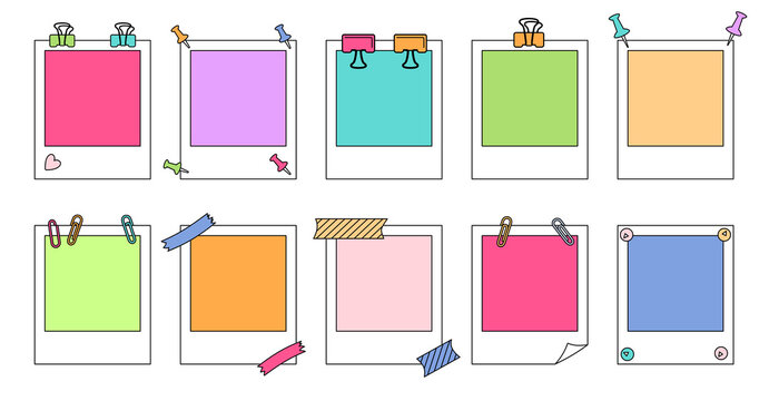 Polaroid photo frame line cartoon set. Notebook collection with paper clip, push pins. Paper notes memo messages with elements planning. Various tag business office, writing reminds. Isolated vector